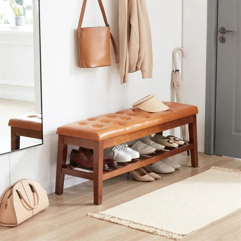 Solid Oak Entryway Shoe Bench with Linen Seat and Storage Shelf
