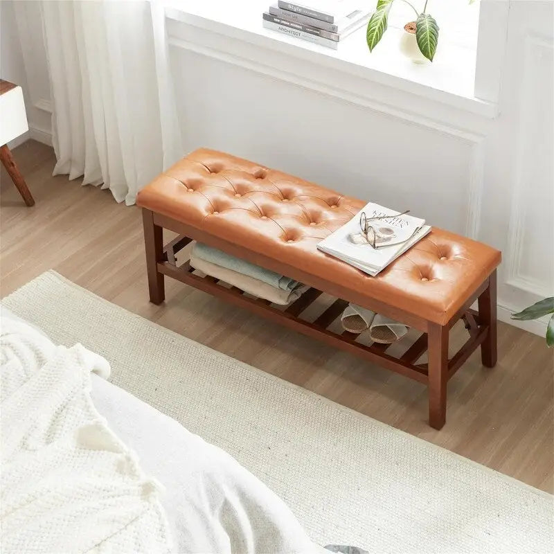 Solid Oak Entryway Shoe Bench with Linen Seat and Storage Shelf