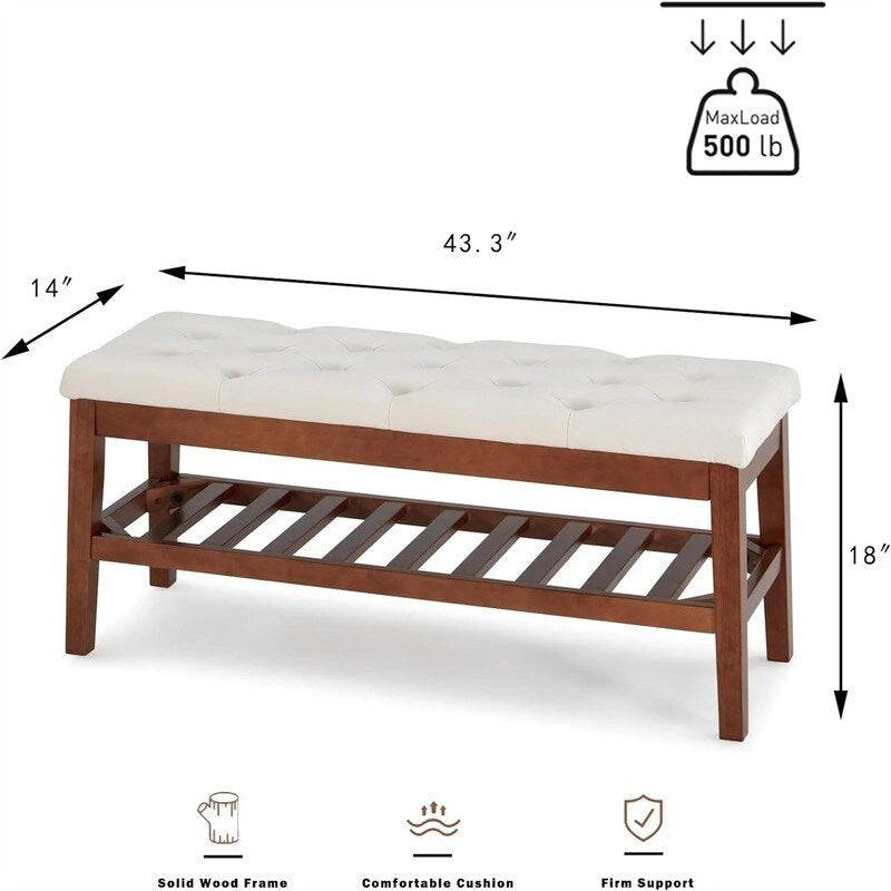 Solid Oak Entryway Shoe Bench with Linen Seat and Storage Shelf