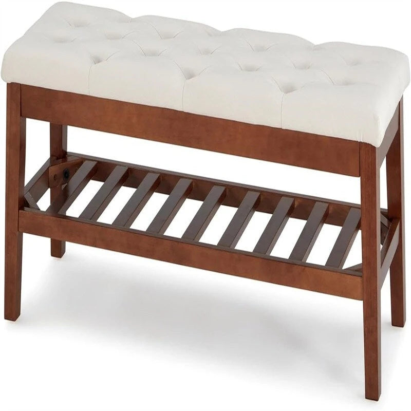 Solid Oak Entryway Shoe Bench with Linen Seat and Storage Shelf