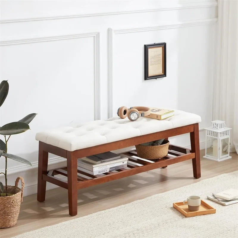 Solid Oak Entryway Shoe Bench with Linen Seat and Storage Shelf