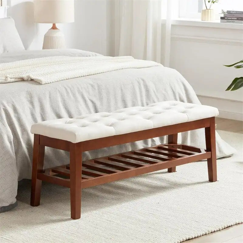 Solid Oak Entryway Shoe Bench with Linen Seat and Storage Shelf