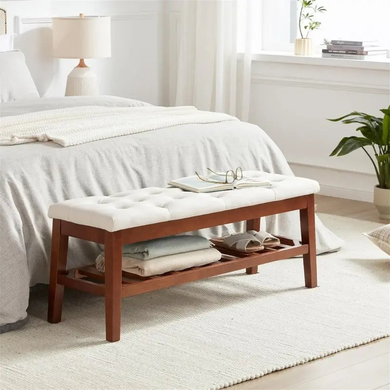 Solid Oak Entryway Shoe Bench with Linen Seat and Storage Shelf