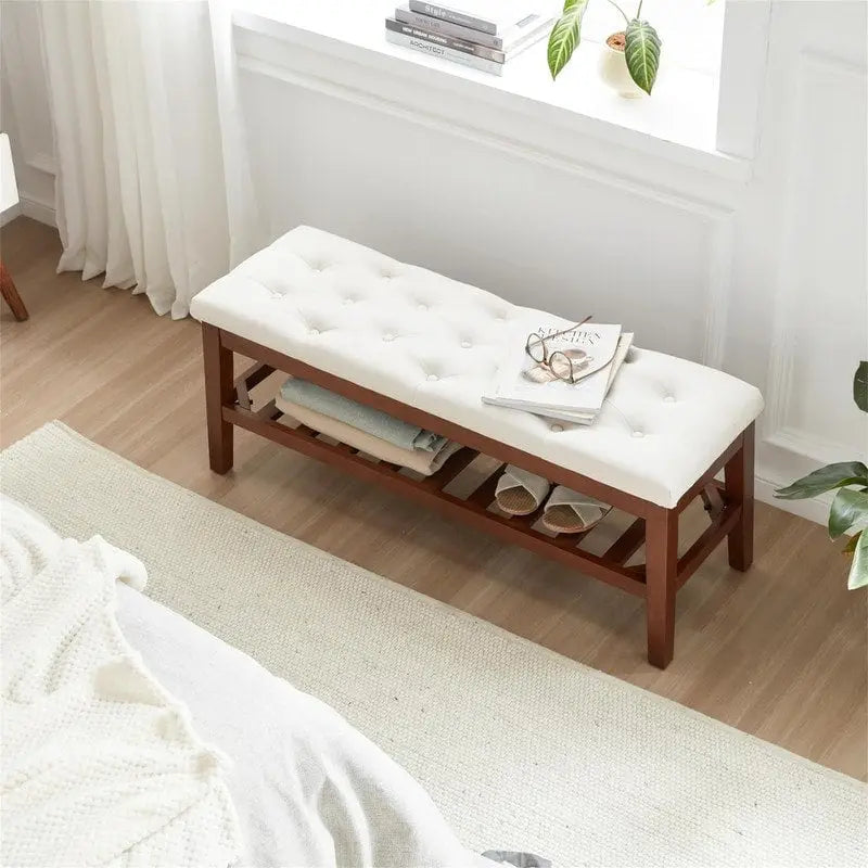 Solid Oak Entryway Shoe Bench with Linen Seat and Storage Shelf