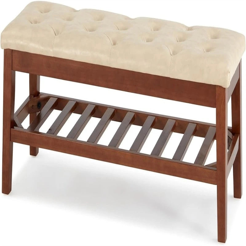 Solid Oak Entryway Shoe Bench with Linen Seat and Storage Shelf