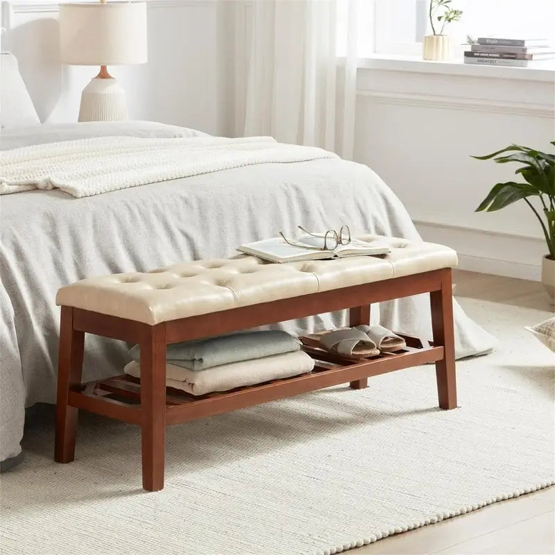 Solid Oak Entryway Shoe Bench with Linen Seat and Storage Shelf