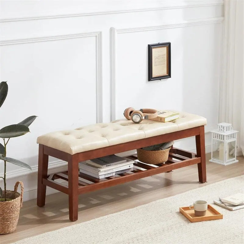 Solid Oak Entryway Shoe Bench with Linen Seat and Storage Shelf