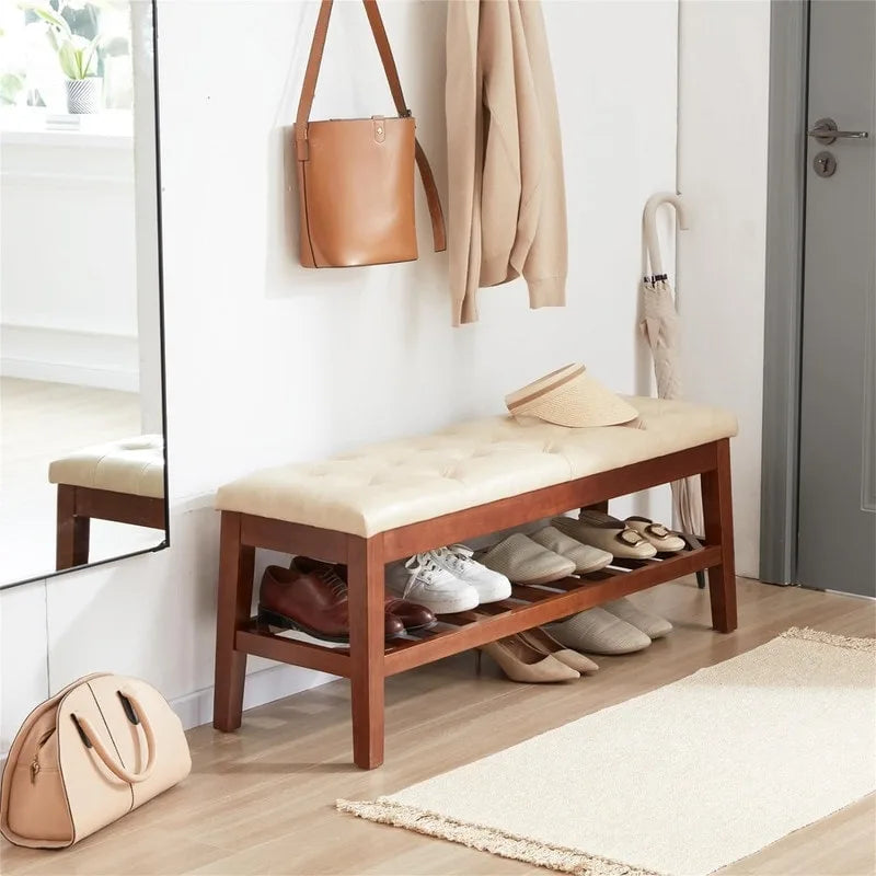 Solid Oak Entryway Shoe Bench with Linen Seat and Storage Shelf