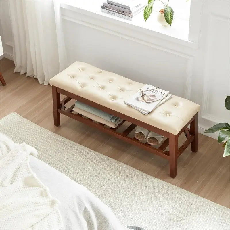 Solid Oak Entryway Shoe Bench with Linen Seat and Storage Shelf