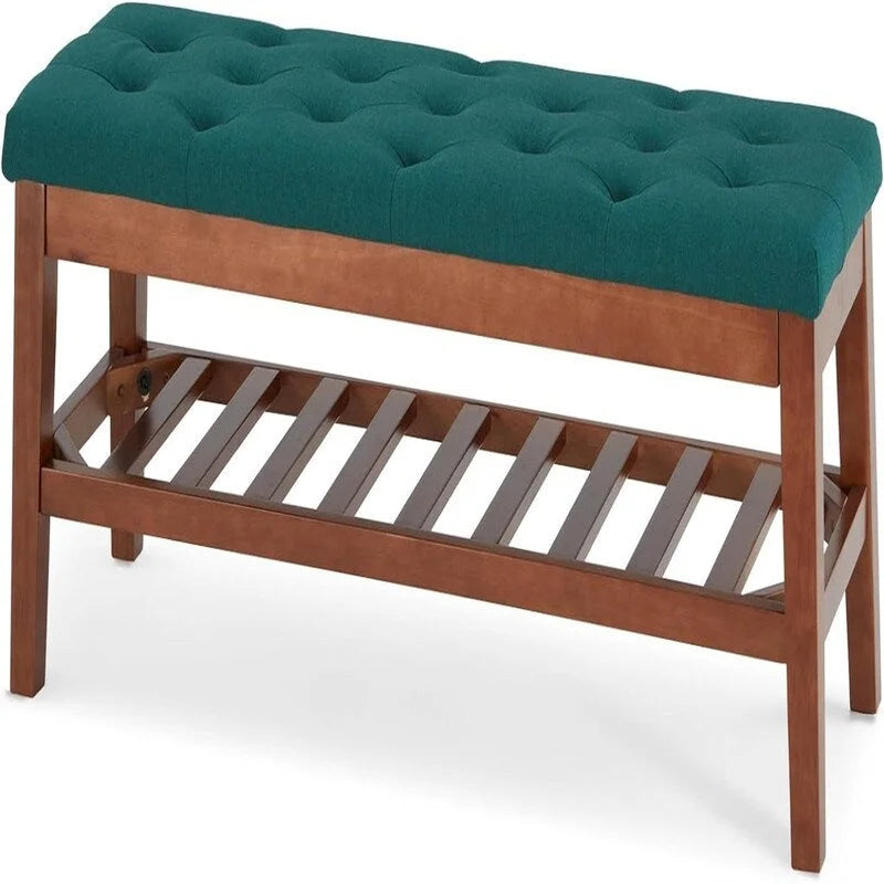 Solid Oak Entryway Shoe Bench with Linen Seat and Storage Shelf