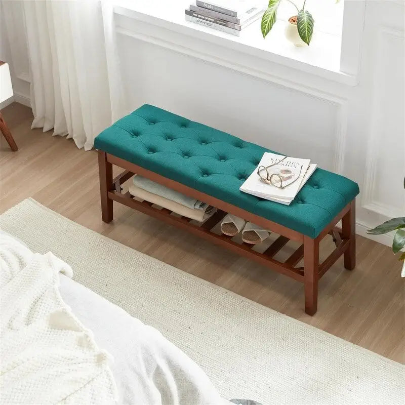 Solid Oak Entryway Shoe Bench with Linen Seat and Storage Shelf