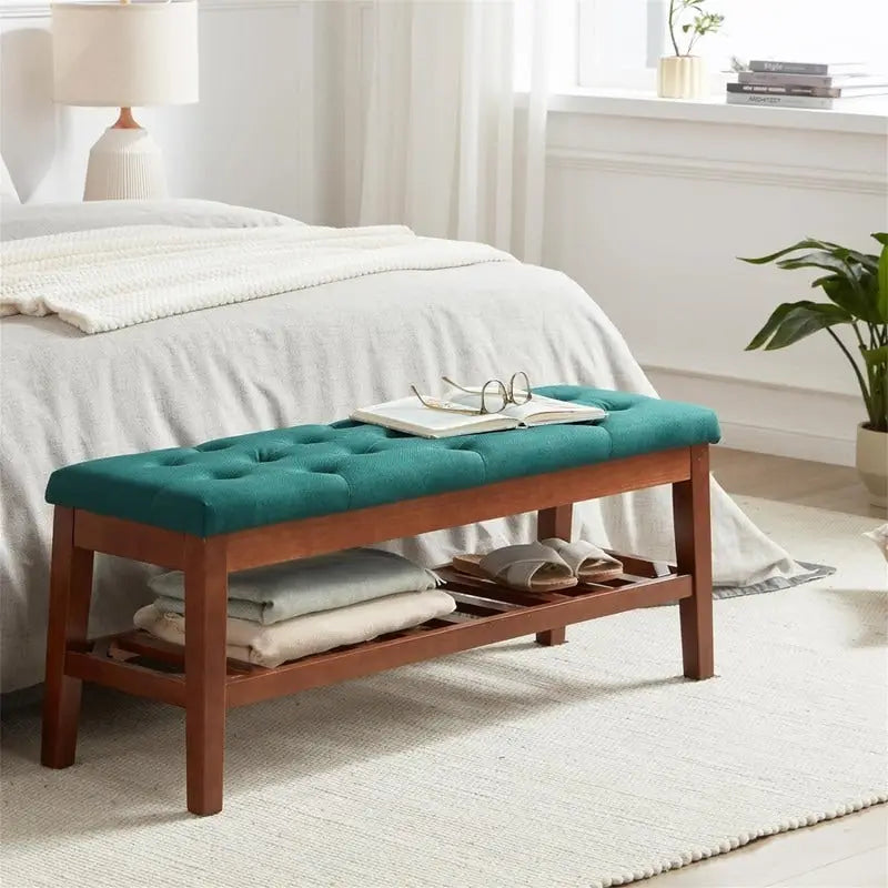 Solid Oak Entryway Shoe Bench with Linen Seat and Storage Shelf