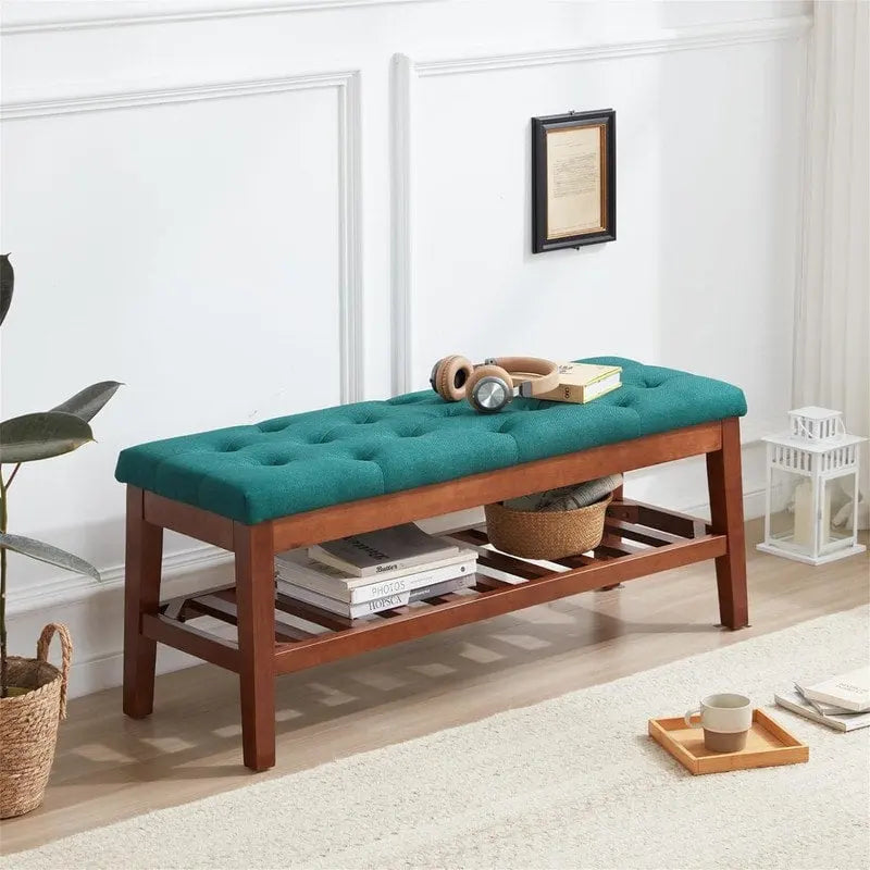 Solid Oak Entryway Shoe Bench with Linen Seat and Storage Shelf