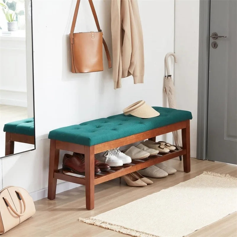 Solid Oak Entryway Shoe Bench with Linen Seat and Storage Shelf