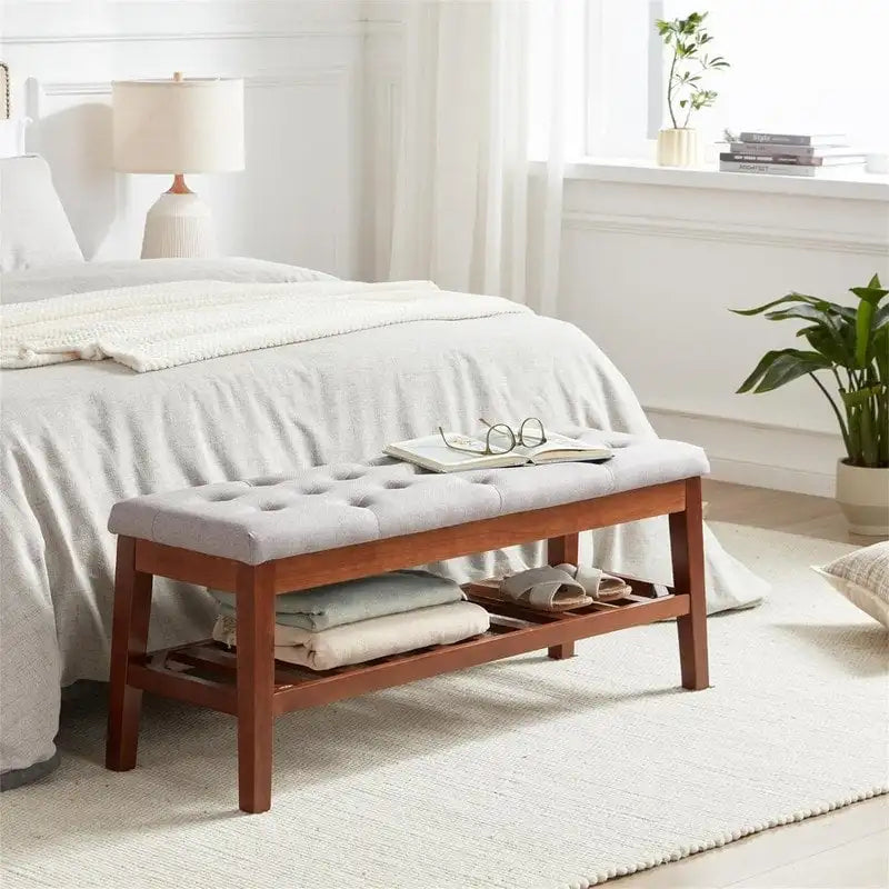 Solid Oak Entryway Shoe Bench with Linen Seat and Storage Shelf