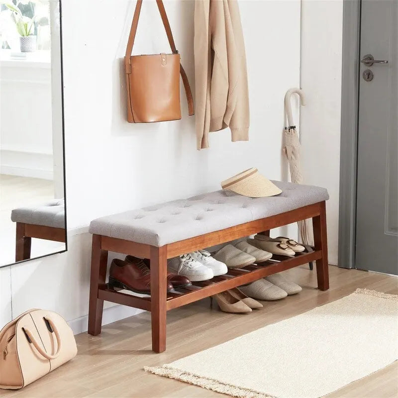 Solid Oak Entryway Shoe Bench with Linen Seat and Storage Shelf