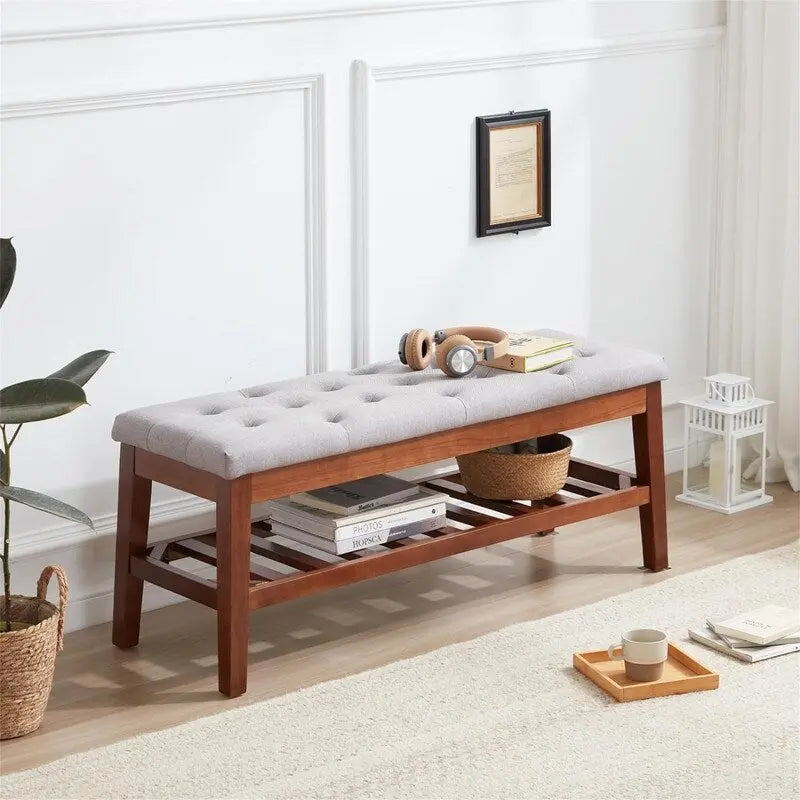 Solid Oak Entryway Shoe Bench with Linen Seat and Storage Shelf