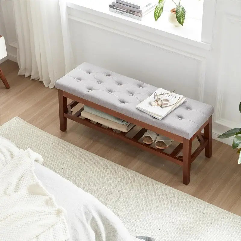 Solid Oak Entryway Shoe Bench with Linen Seat and Storage Shelf