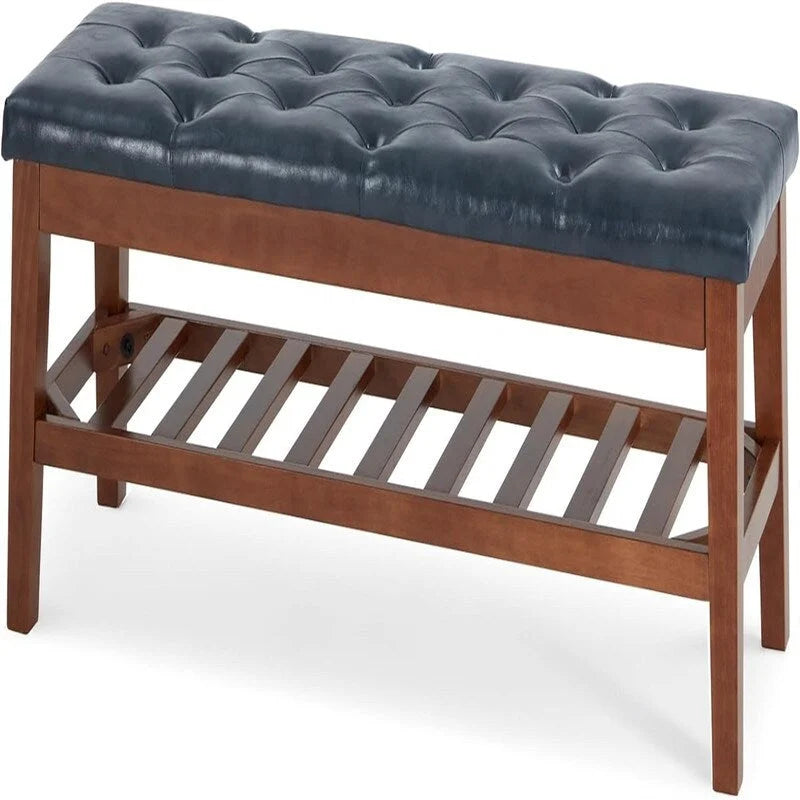 Solid Oak Entryway Shoe Bench with Linen Seat and Storage Shelf
