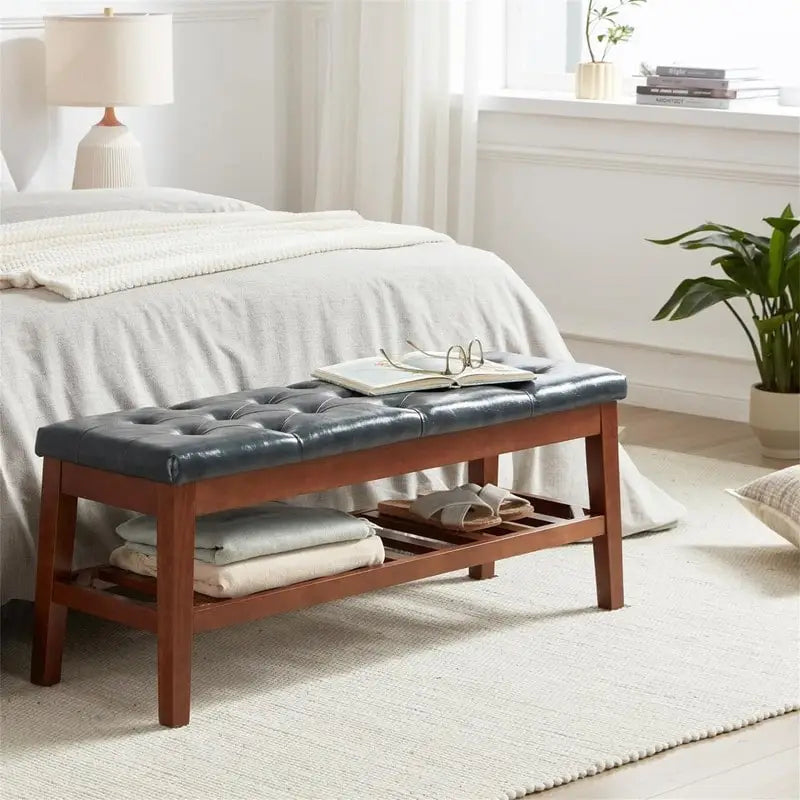 Solid Oak Entryway Shoe Bench with Linen Seat and Storage Shelf