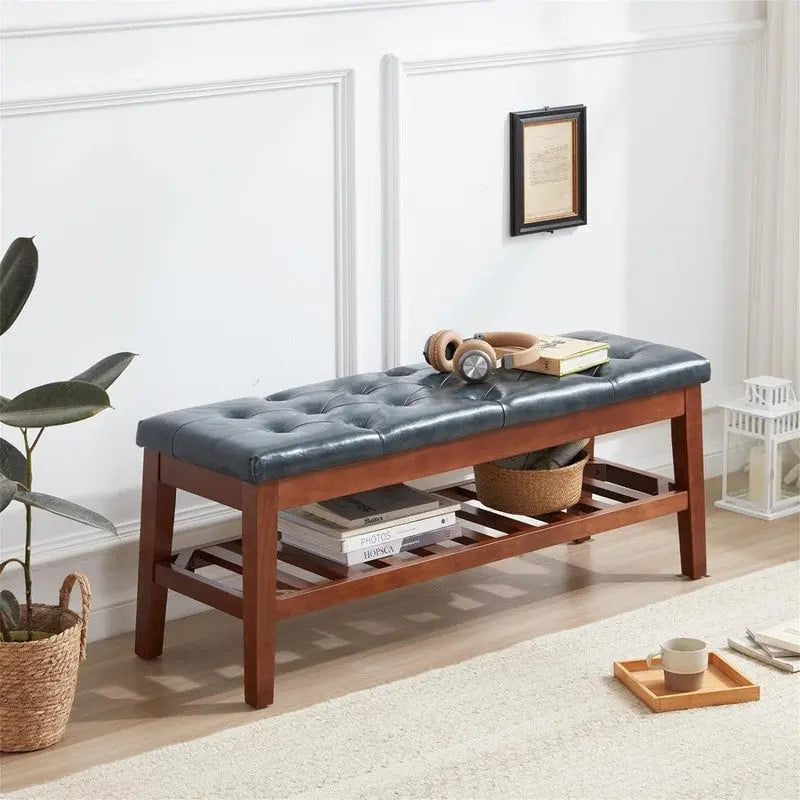 Solid Oak Entryway Shoe Bench with Linen Seat and Storage Shelf