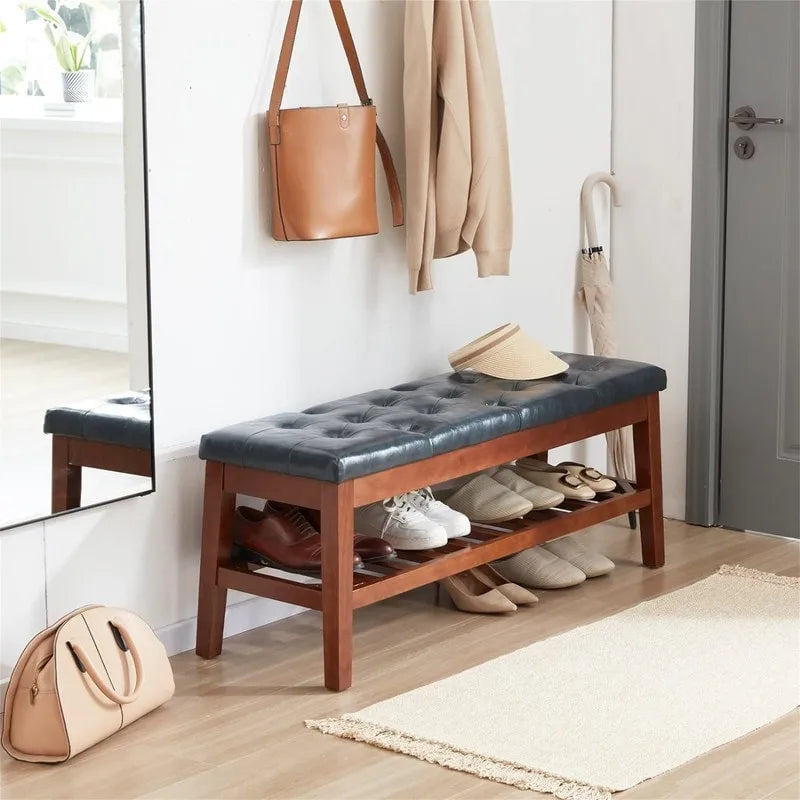Solid Oak Entryway Shoe Bench with Linen Seat and Storage Shelf