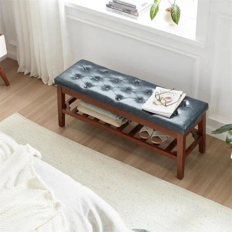 Solid Oak Entryway Shoe Bench with Linen Seat and Storage Shelf