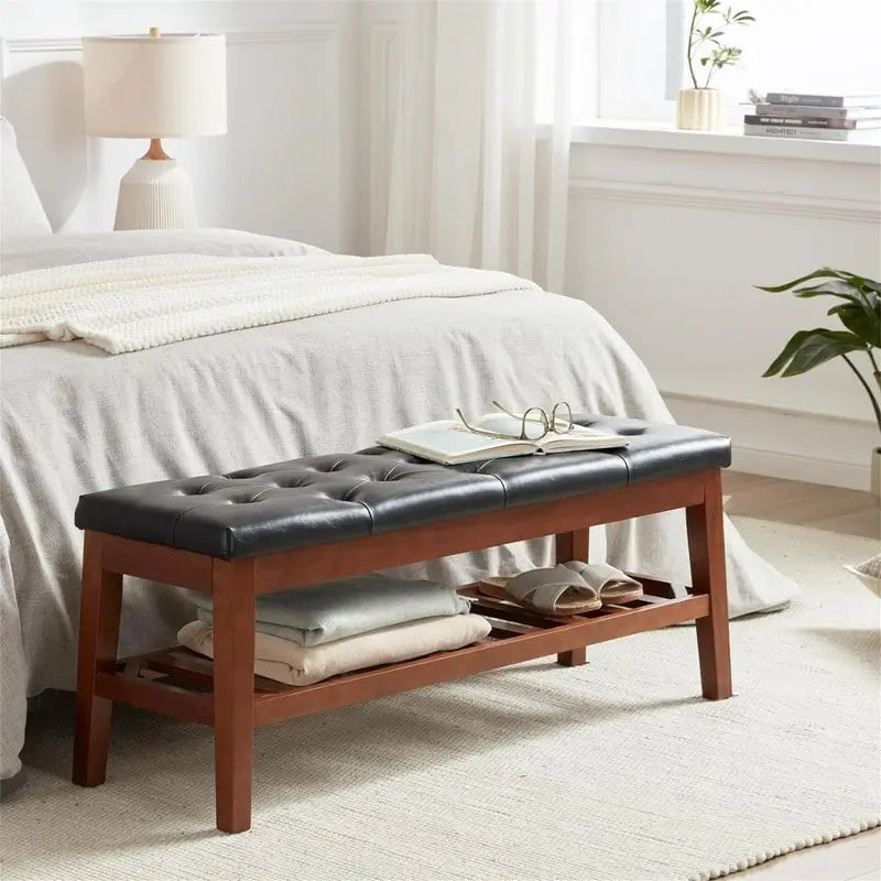 Solid Oak Entryway Shoe Bench with Linen Seat and Storage Shelf