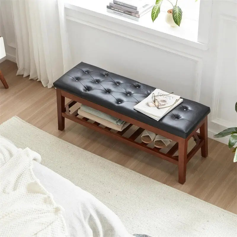 Solid Oak Entryway Shoe Bench with Linen Seat and Storage Shelf
