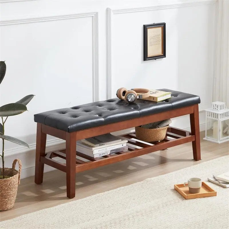 Solid Oak Entryway Shoe Bench with Linen Seat and Storage Shelf