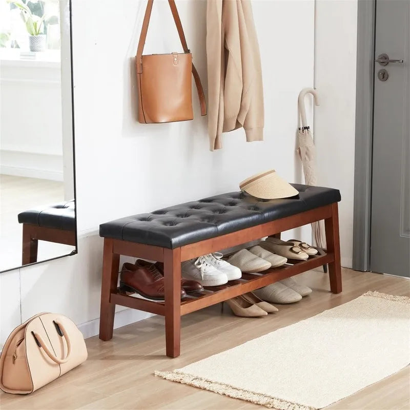Solid Oak Entryway Shoe Bench with Linen Seat and Storage Shelf
