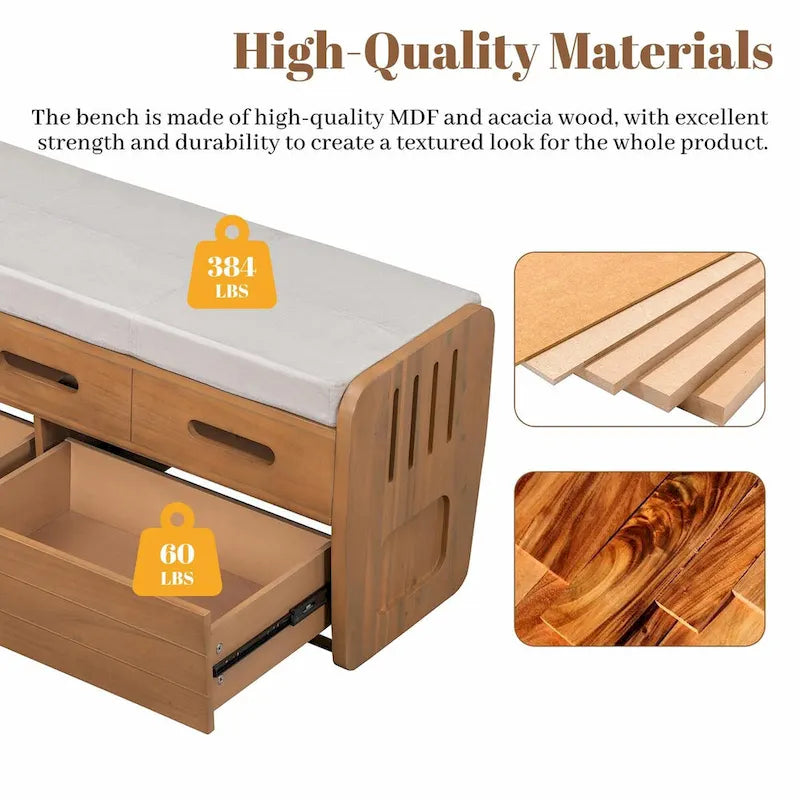 Rustic Storage Shoe Bench with Drawers and Hidden Storage