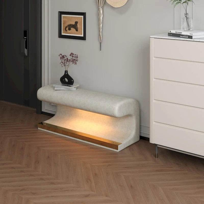 Leather Upholstered Entryway Bench Ottoman with LED Sensor Light