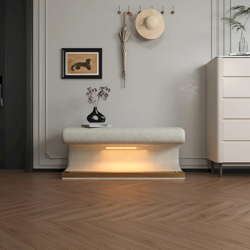 Leather Upholstered Entryway Bench Ottoman with LED Sensor Light