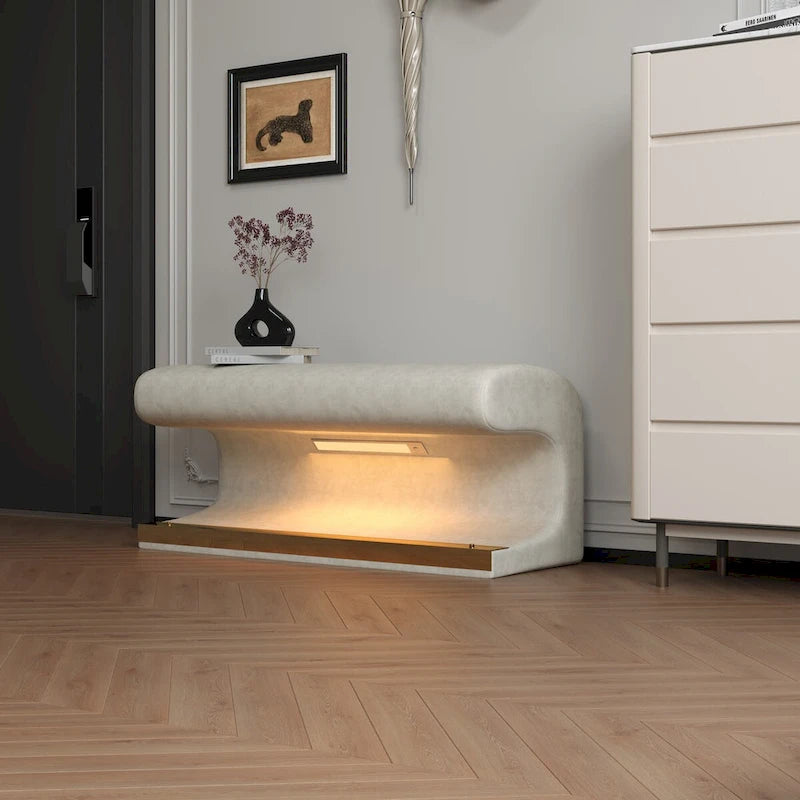Leather Upholstered Entryway Bench Ottoman with LED Sensor Light