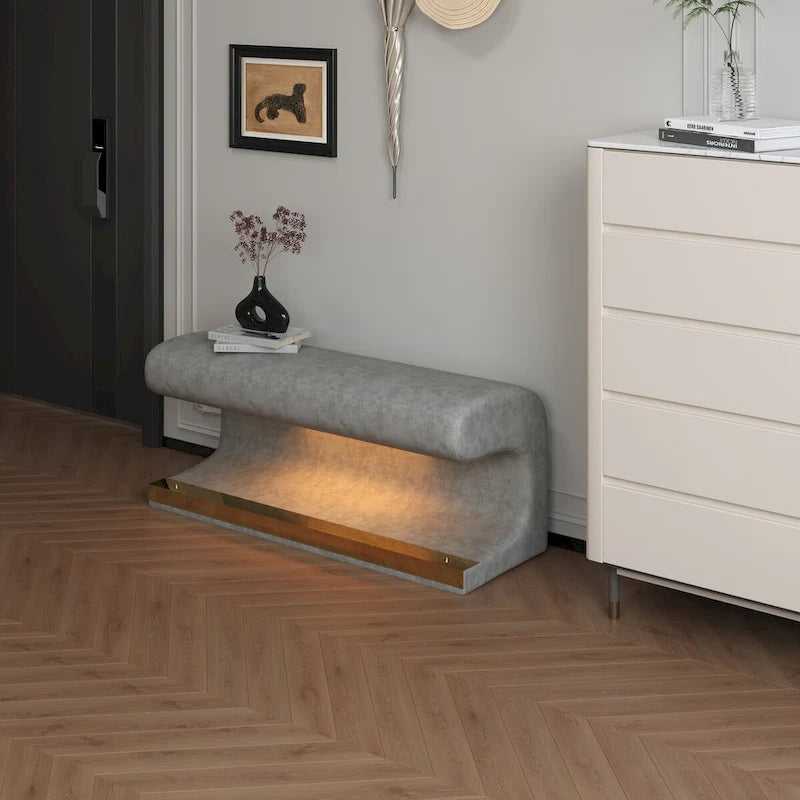 Leather Upholstered Entryway Bench Ottoman with LED Sensor Light