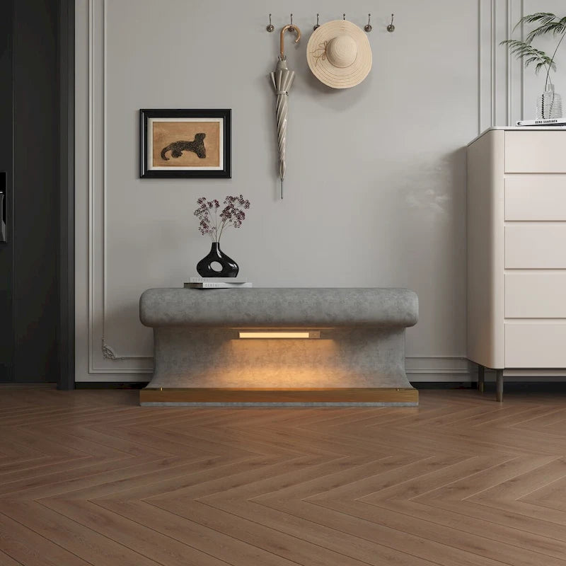 Leather Upholstered Entryway Bench Ottoman with LED Sensor Light