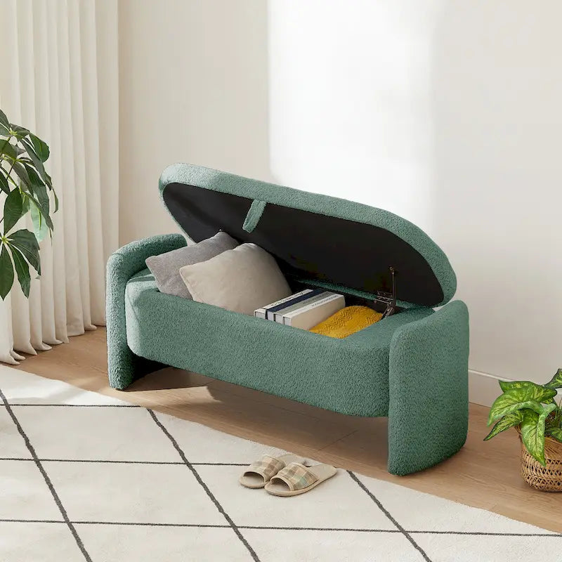 Fleece Fabric Storage Ottoman Bench with Lift-Top Compartment