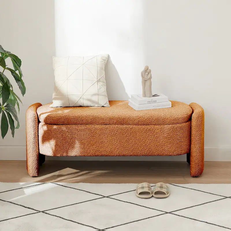 Fleece Fabric Storage Ottoman Bench with Lift-Top Compartment