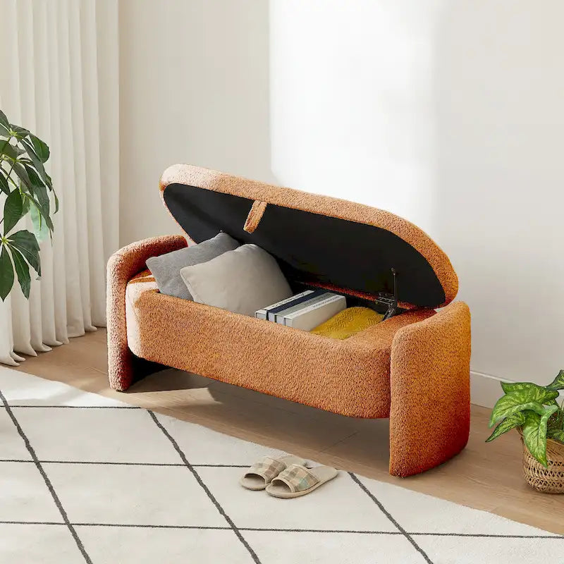 Fleece Fabric Storage Ottoman Bench with Lift-Top Compartment