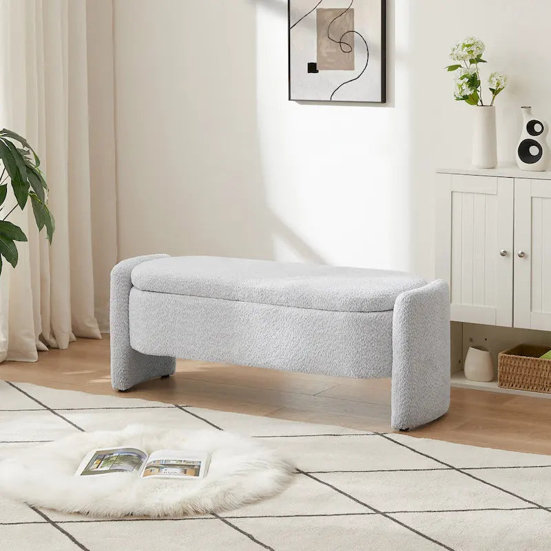 Fleece Fabric Storage Ottoman Bench with Lift-Top Compartment
