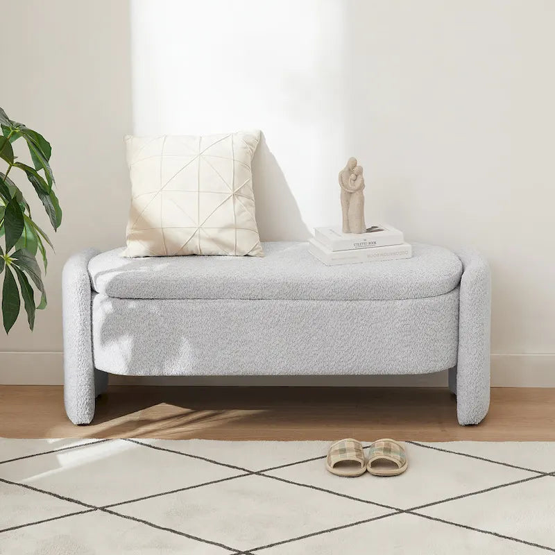 Fleece Fabric Storage Ottoman Bench with Lift-Top Compartment