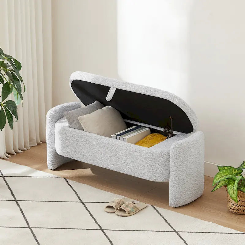 Fleece Fabric Storage Ottoman Bench with Lift-Top Compartment