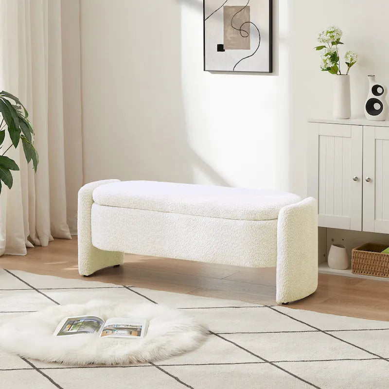 Fleece Fabric Storage Ottoman Bench with Lift-Top Compartment