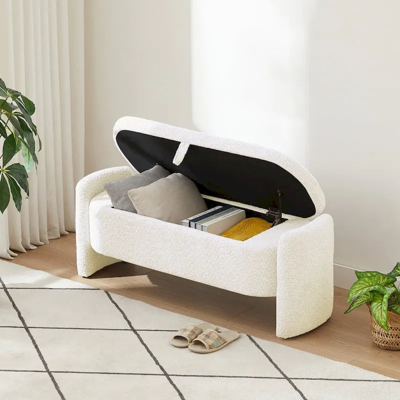 Fleece Fabric Storage Ottoman Bench with Lift-Top Compartment