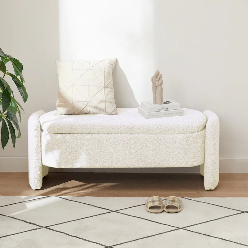 Fleece Fabric Storage Ottoman Bench with Lift-Top Compartment