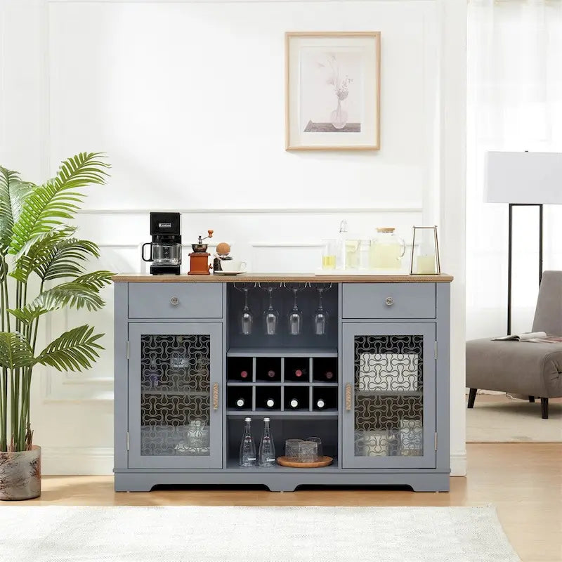 Modern Farmhouse Buffet Cabinet with 2 Drawers and Glass Doors