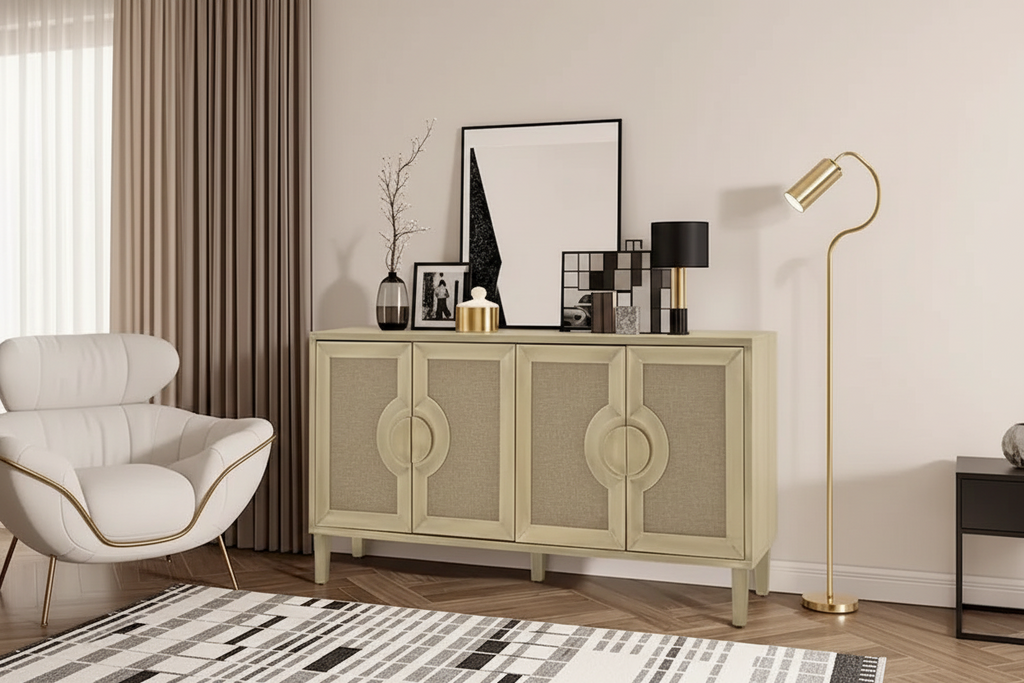 Elegant Vintage 4-Door Cabinet with Linen Doors and Wood Legs