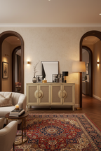 Elegant Vintage 4-Door Cabinet with Linen Doors and Wood Legs