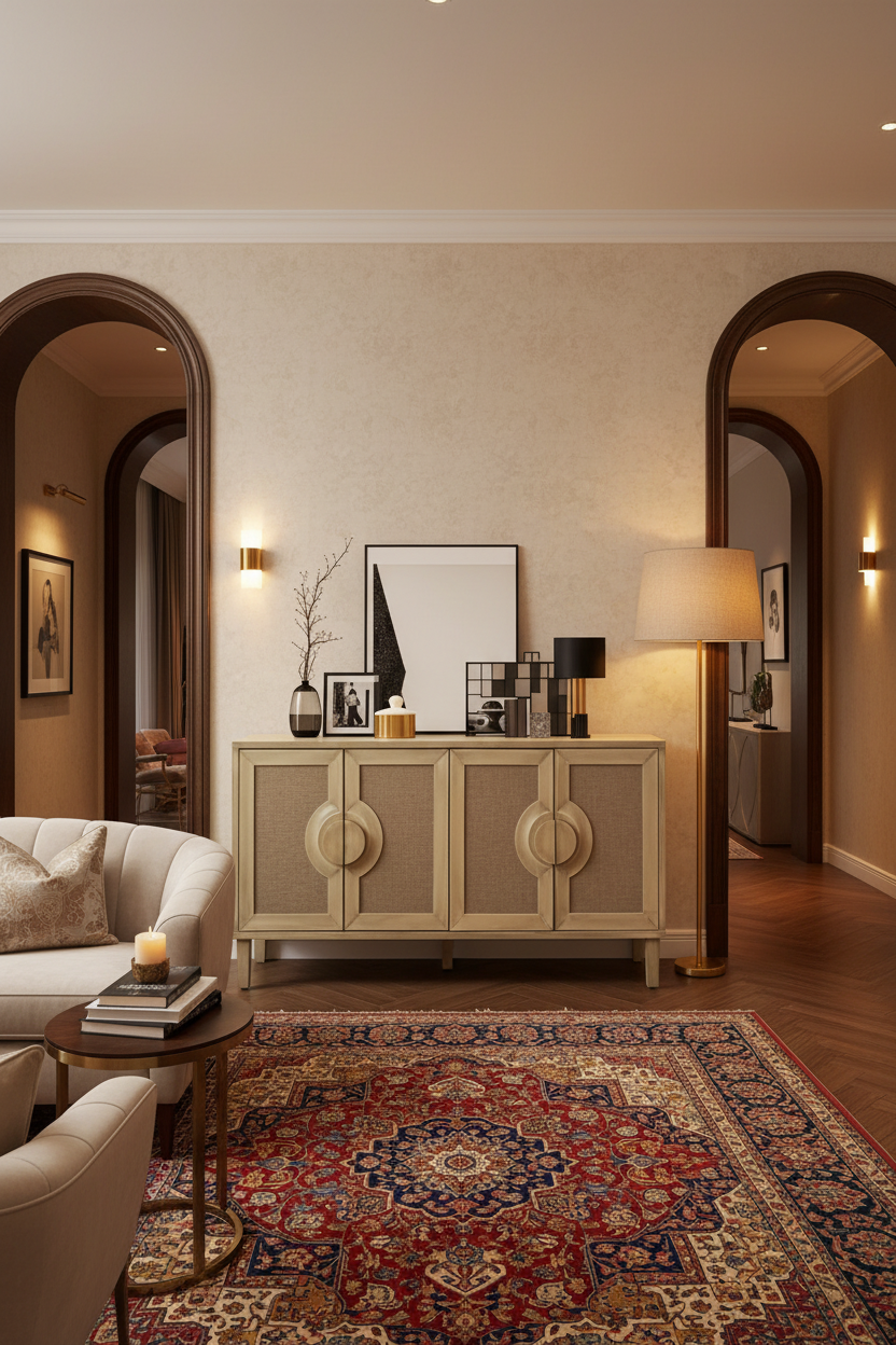 Elegant Vintage 4-Door Cabinet with Linen Doors and Wood Legs